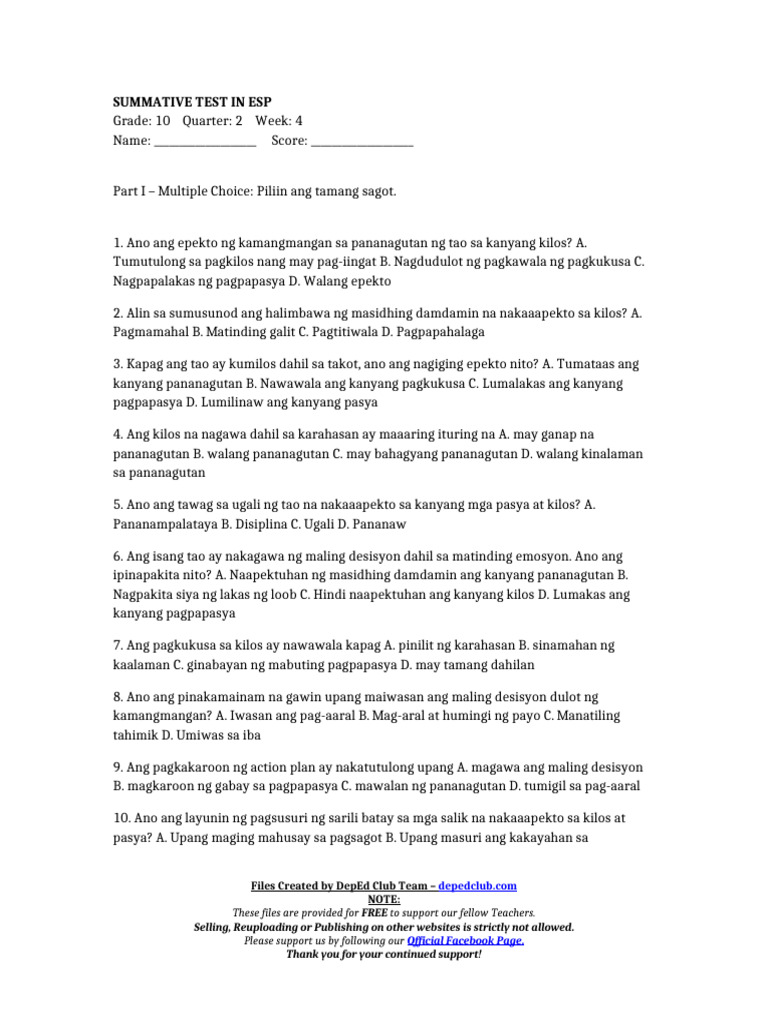 Summ - Test Esp 10 q2 w4 | PDF