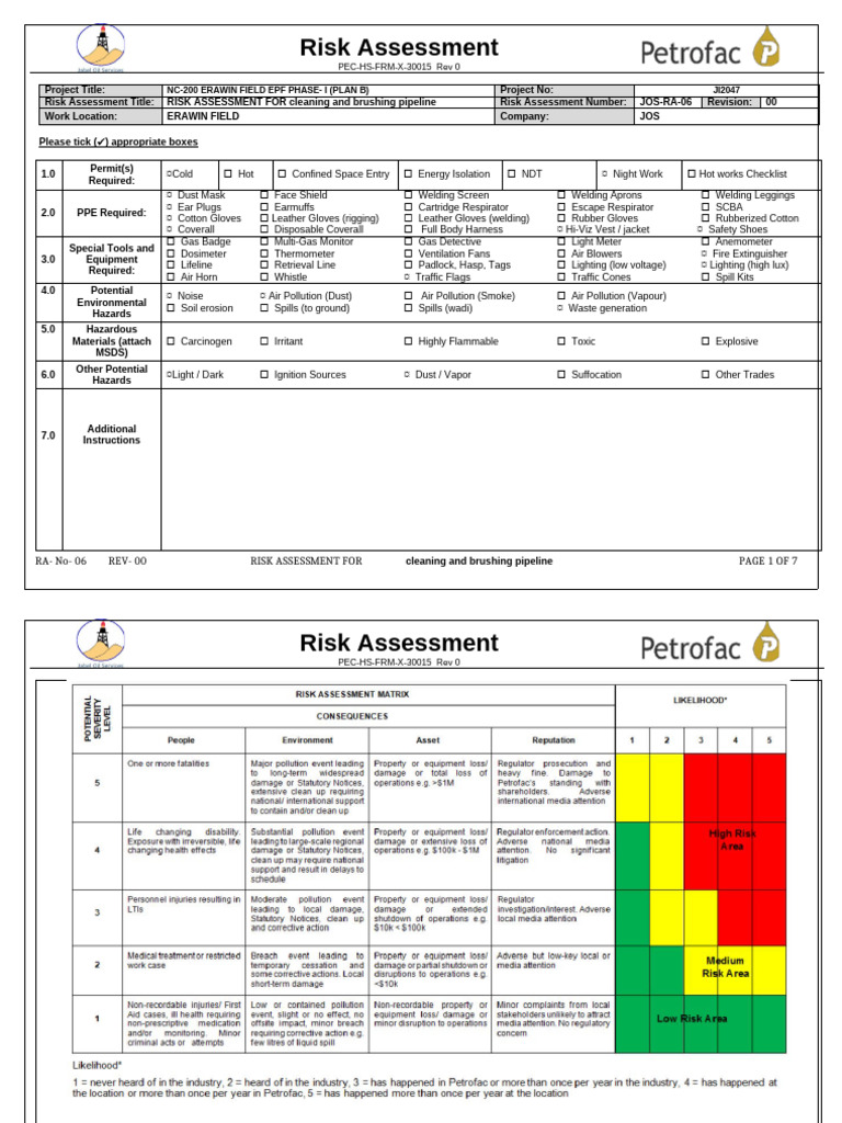 Pipeline Cleaning Risk Assessment Guide | PDF | Personal Protective ...