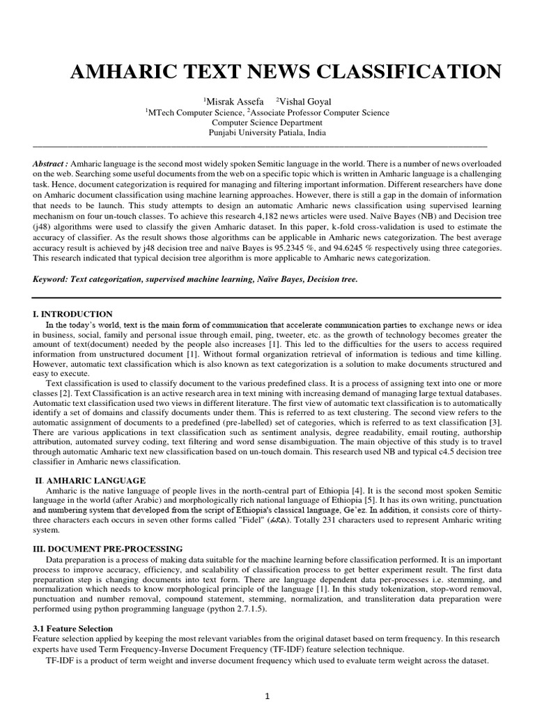 Amharic News Classification Using ML | PDF | Machine Learning | Learning