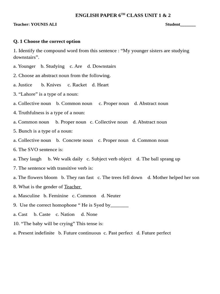 6th Class English Paper: Units 1 & 2 | PDF