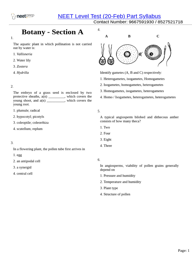 NEET Botany Practice Questions | PDF | Menstrual Cycle | Seed
