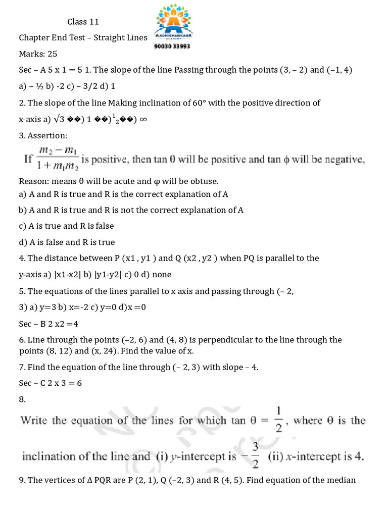 Class 11 Straight Lines Test Questions | PDF