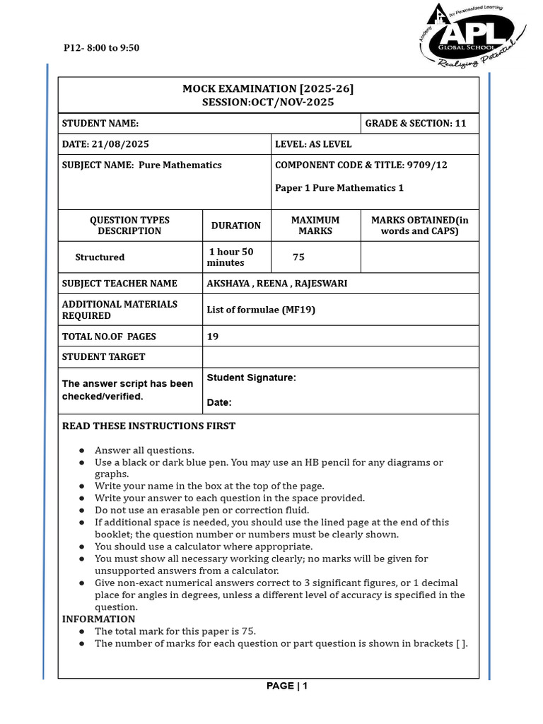 QP Mock Oct - Nov 2025 Gr11 Pure Mathematics P1 Ree | PDF