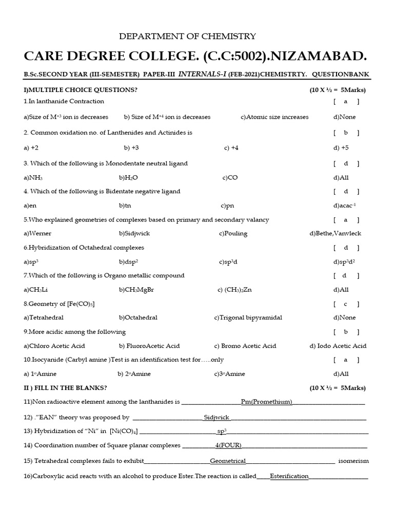 III SEM INTERNAL-I QB EM - Dec-2021 | PDF | Coordination Complex ...