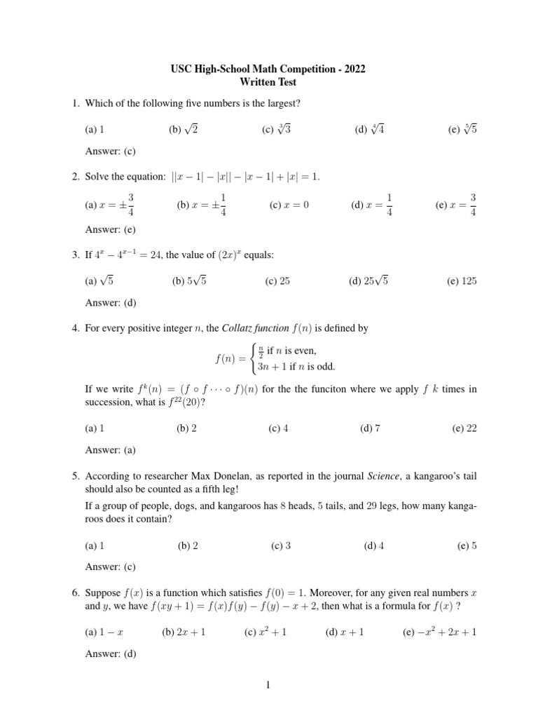 USC High-School Math Competition 2022 | PDF | Square Root | Elementary ...