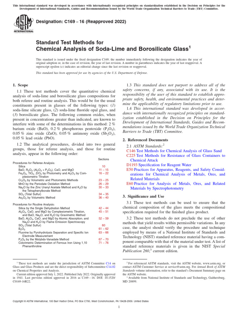 ASTM C169: Glass Chemical Analysis Methods | PDF | Chemical Substances ...
