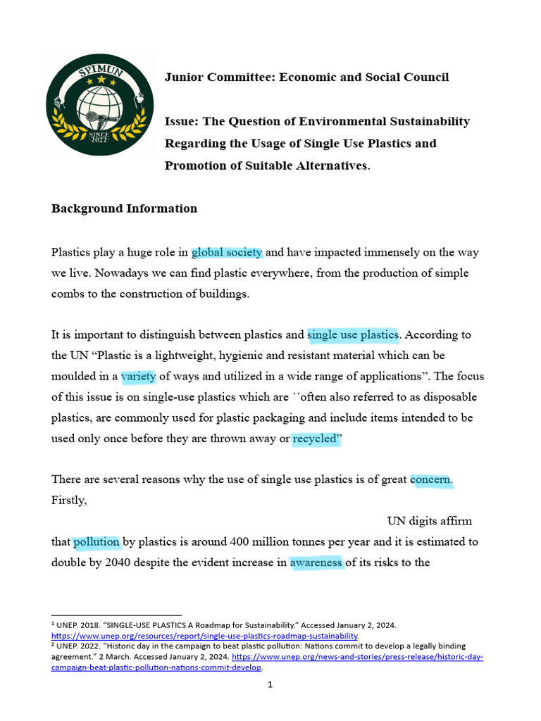 Single Use Plastics - BG Report - SPIMUN 2024 | PDF | Plastic ...