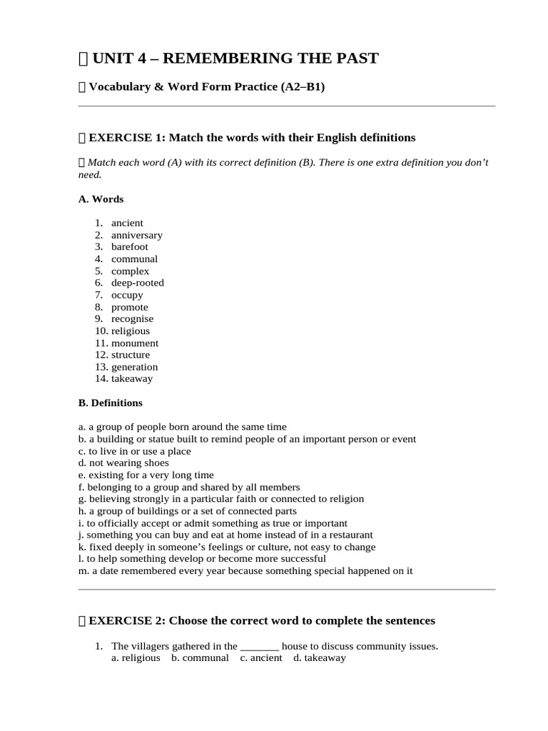 Vocabulary Practice: Remembering the Past | PDF