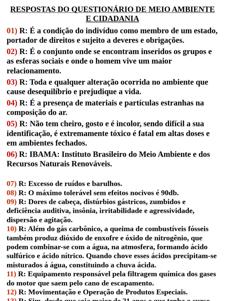 Respostas Questionario Meio Ambiente | PDF