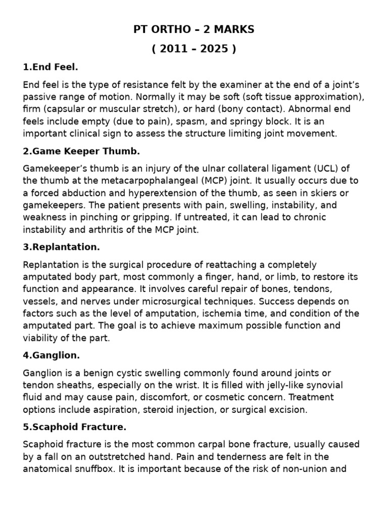 PT Ortho 2 Marks | PDF | Knee | Anatomical Terms Of Motion