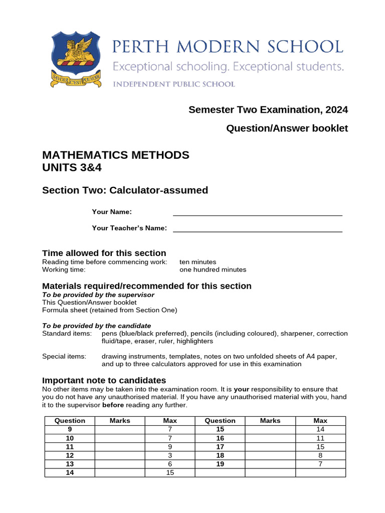 2024 Year 12 Mathematics Methods Semester 2 Exam - CALC ASSUMED | PDF ...