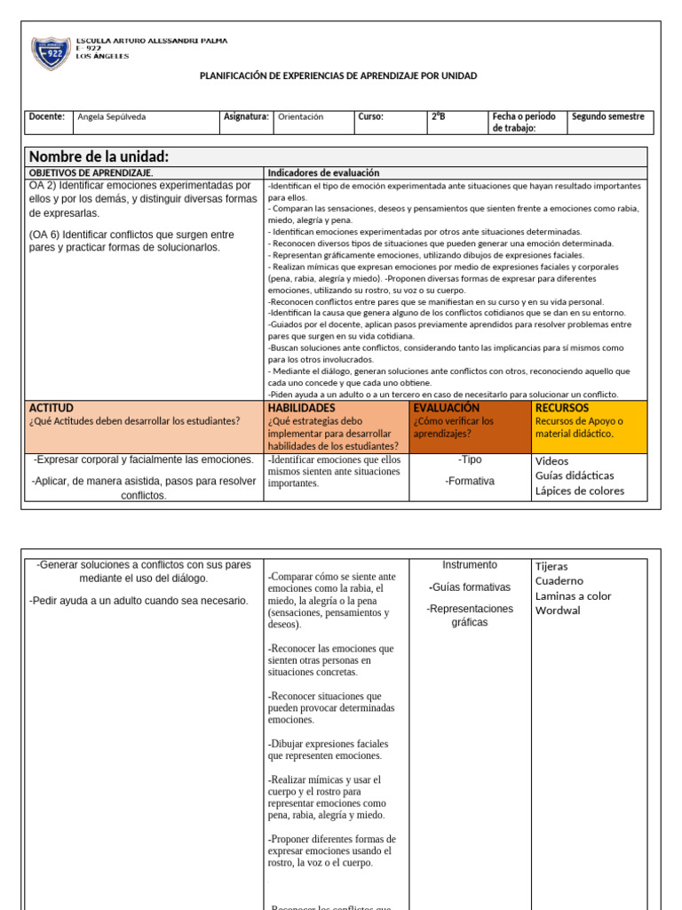 Planificación de Aprendizaje Emocional 2°B | PDF | Las emociones ...