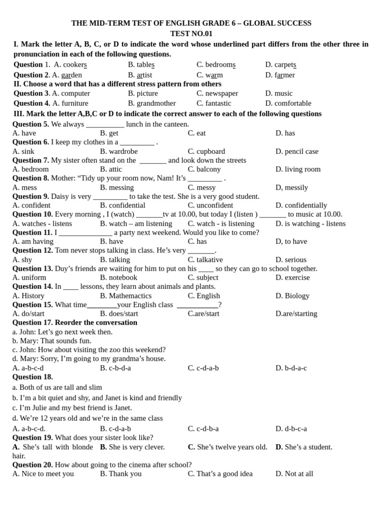 Grade 6 English Mid-Term Test 2023 | PDF