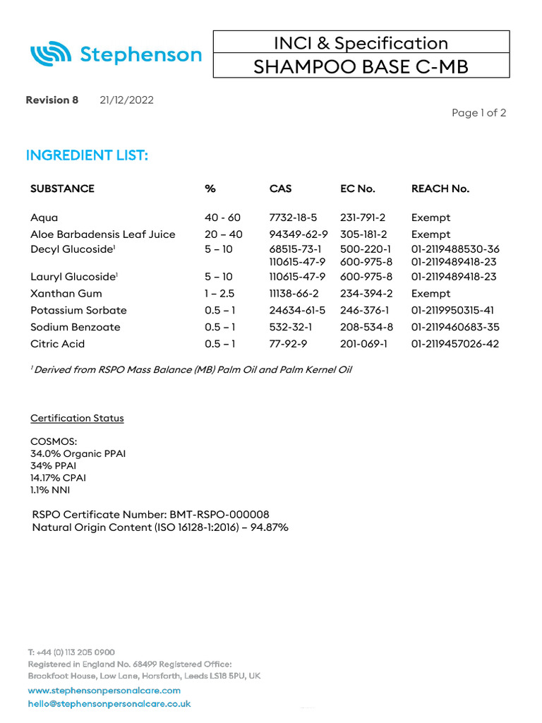 Shampoo Base C-MB INCI Specification | PDF
