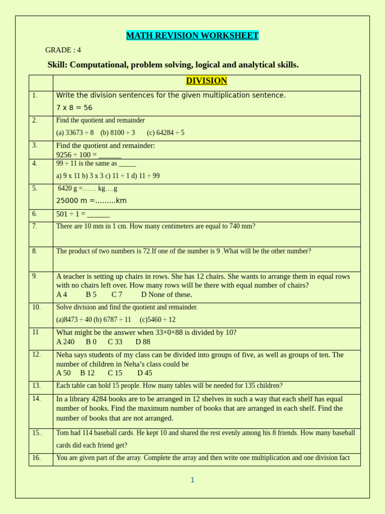 Grade 4 Math Revision Worksheet | PDF