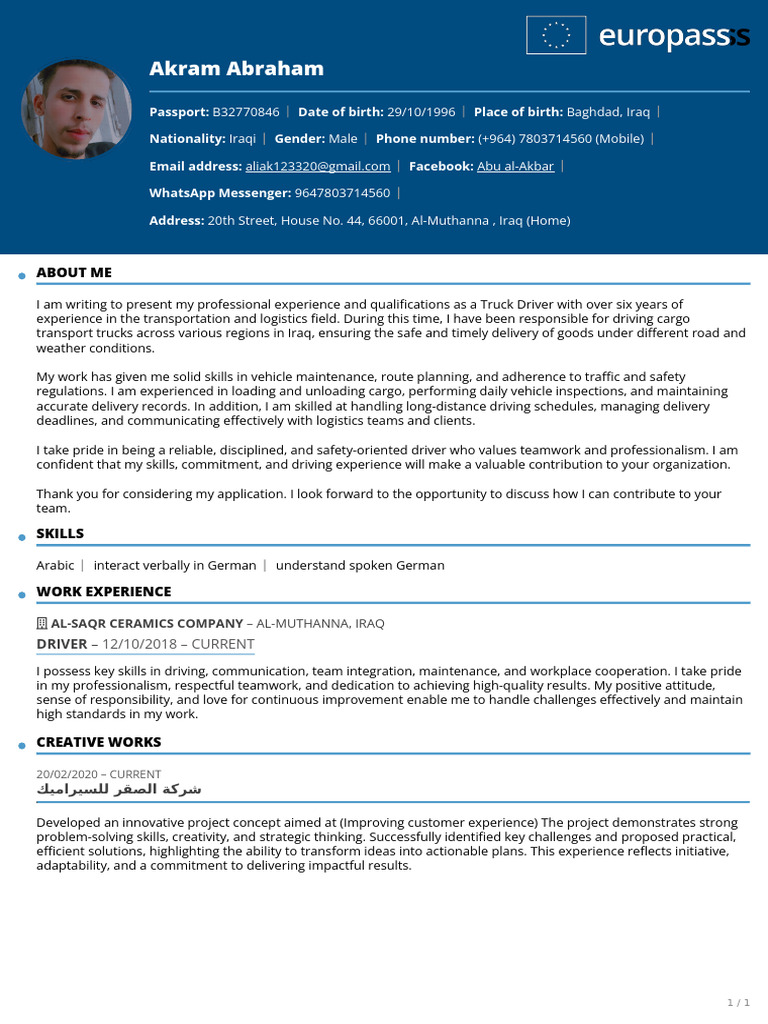 Iraqi Truck Driver with 6+ Years Experience | PDF | Logistics | Transport