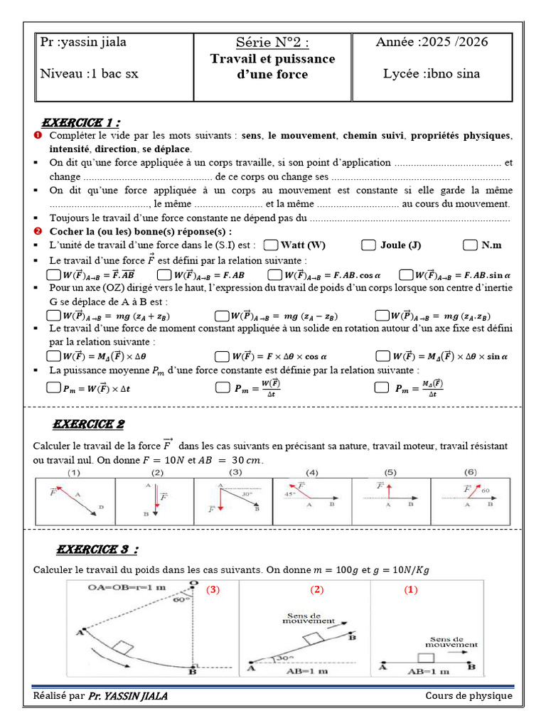 Travail et puissance en physique 1ère bac | PDF | Poids | Rotation
