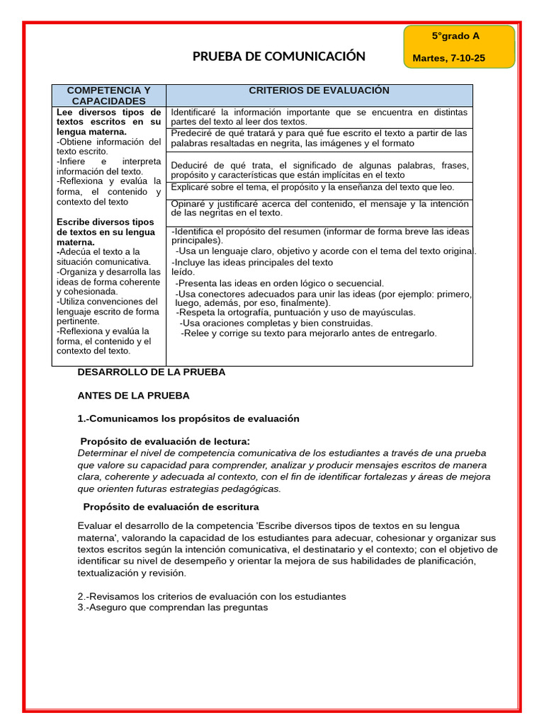Prueba de Comunicación: Evaluación 5° Grado | PDF | Temblores ...