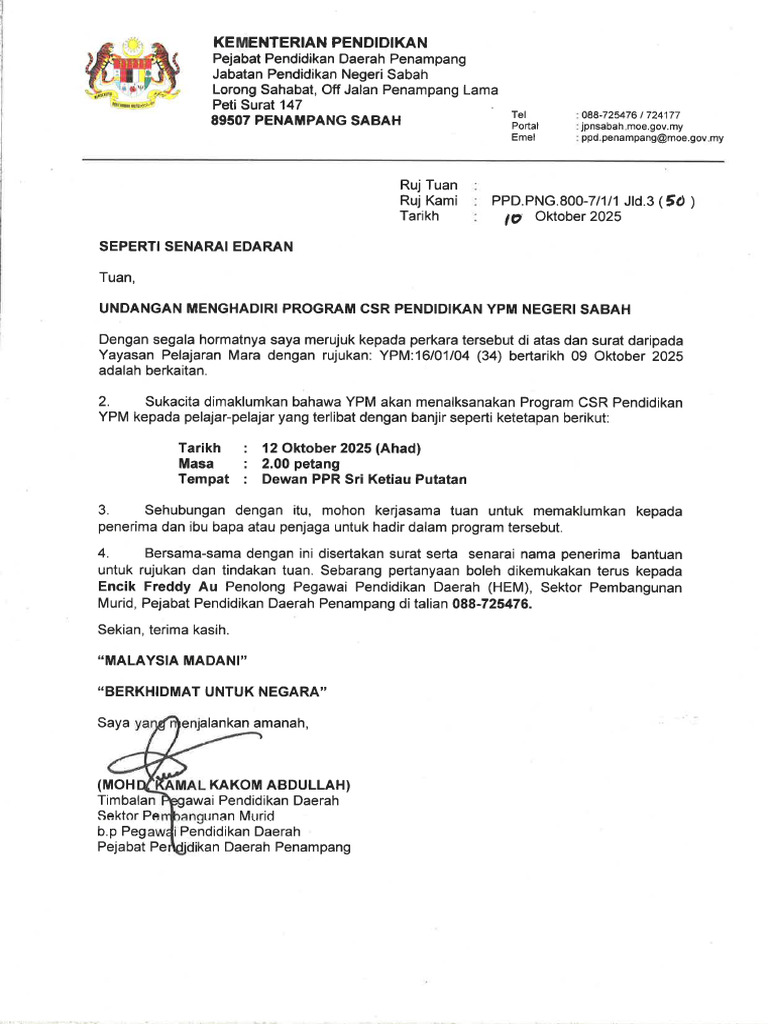 Undangan Menghadiri Program CSR Pendidikan Ypm Negeri Sabah | PDF