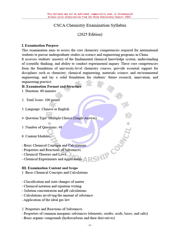 CSCA Chemistry Exam Syllabus 2025 | PDF | Chemistry | Chemical Reactions