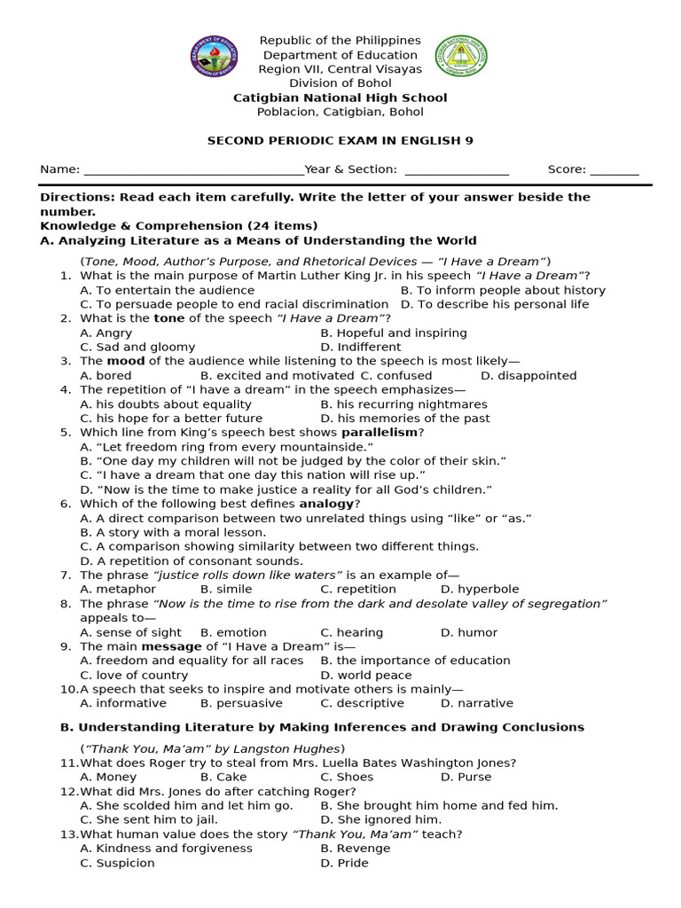 English 9 Second Periodic Exam Guide | PDF