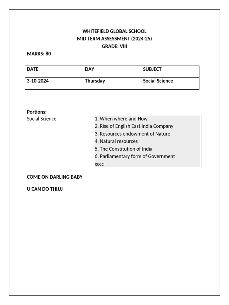 Grade 8 Midterm Exam Datesheet and Portions 2024-25 | PDF