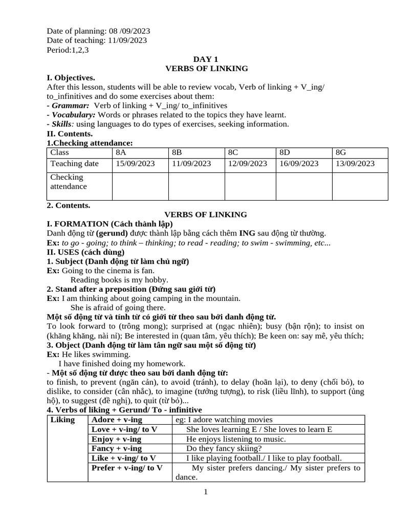 Linking Verbs and Gerunds Lesson Plan | PDF | Knitting | Subject (Grammar)