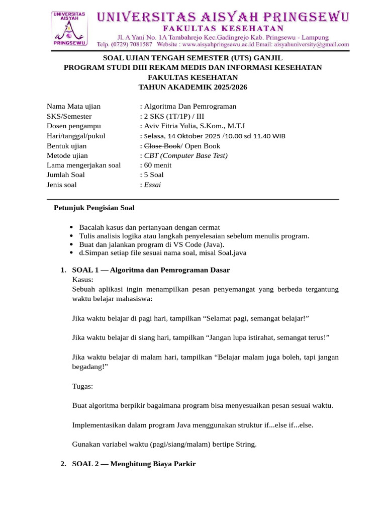 UTS Algoritma Pemrograman DIII 2025 | PDF
