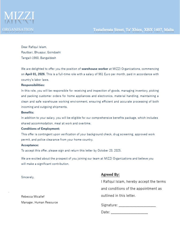 Offer Letter Rafiul | PDF