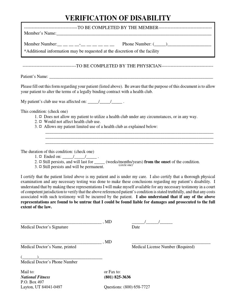 Disability Verification Form for Health Clubs | PDF | Law