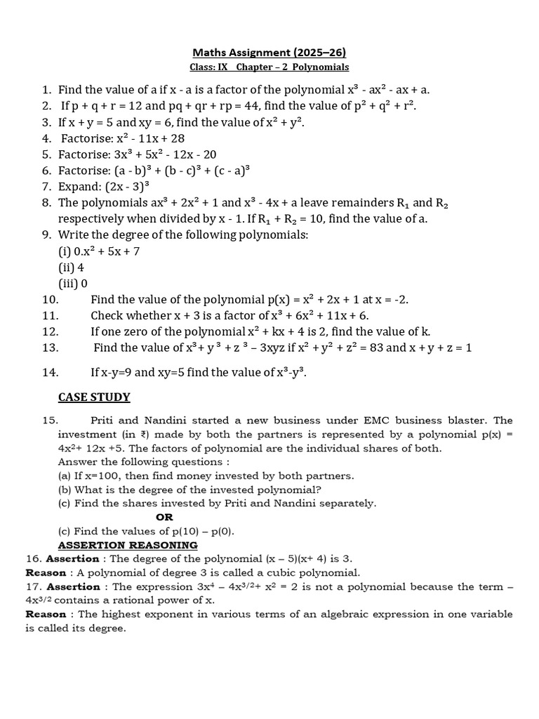 Class IX Polynomials Maths Assignment | PDF