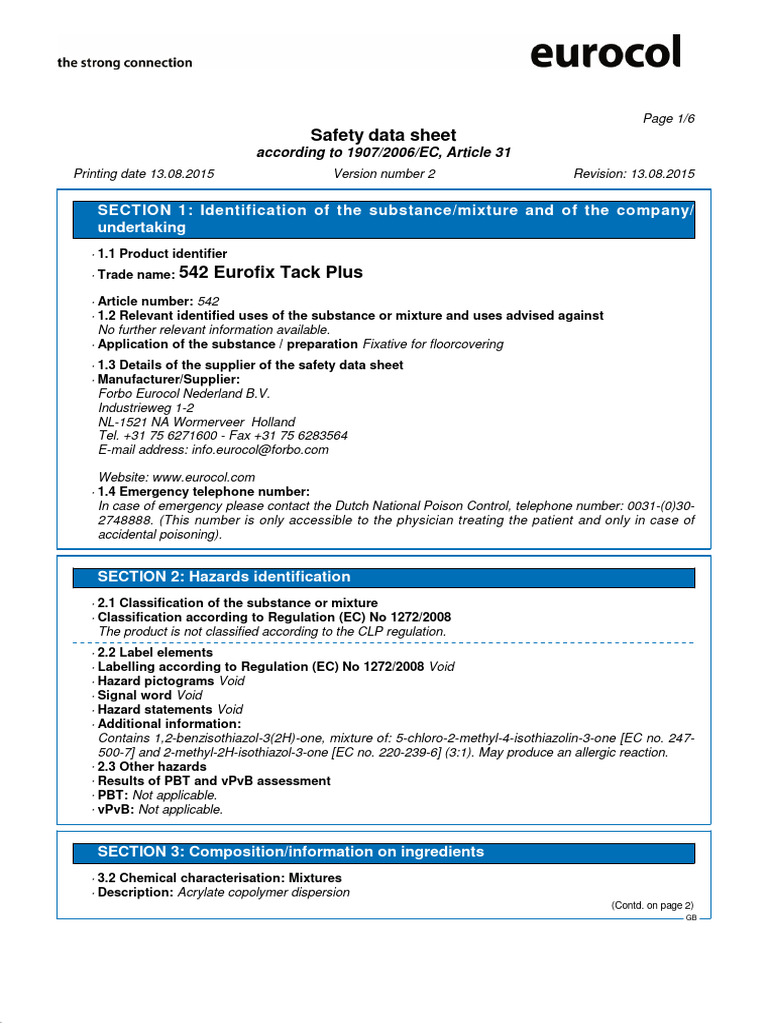 Safety Data Sheet for Eurofix Tack Plus | PDF | Dangerous Goods | Toxicity