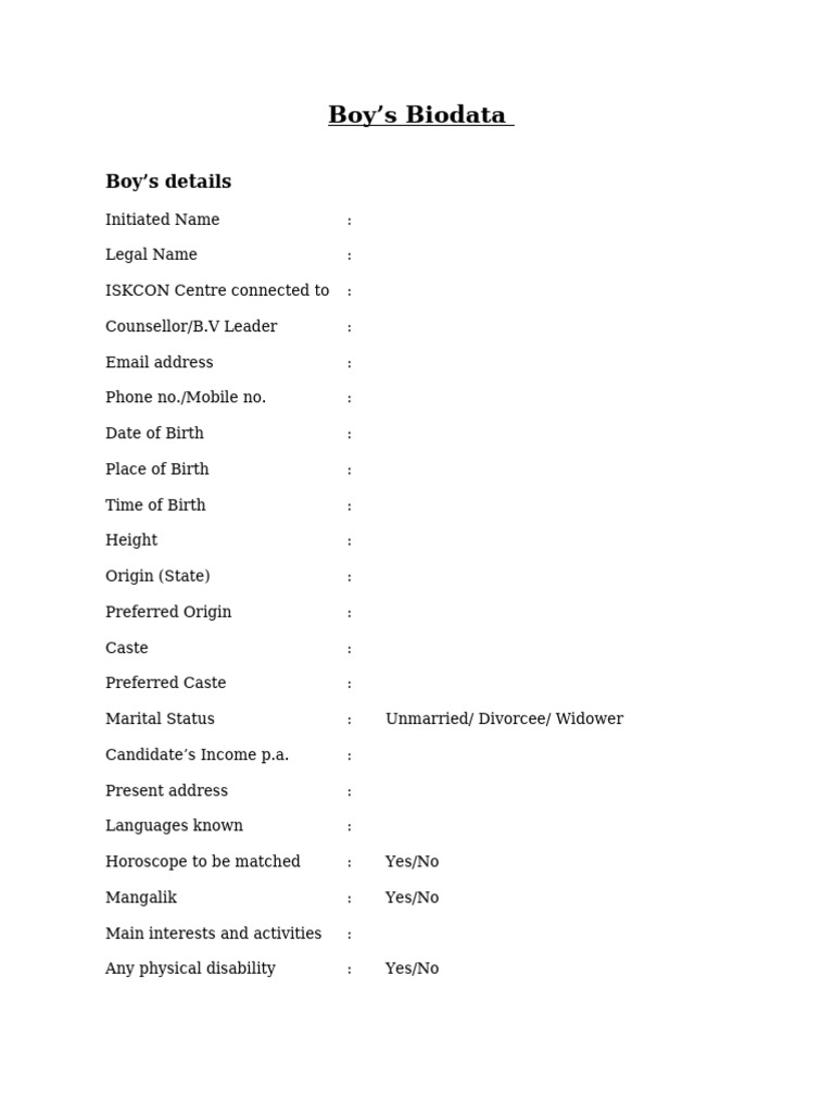 Comprehensive Boy's Biodata Template | PDF