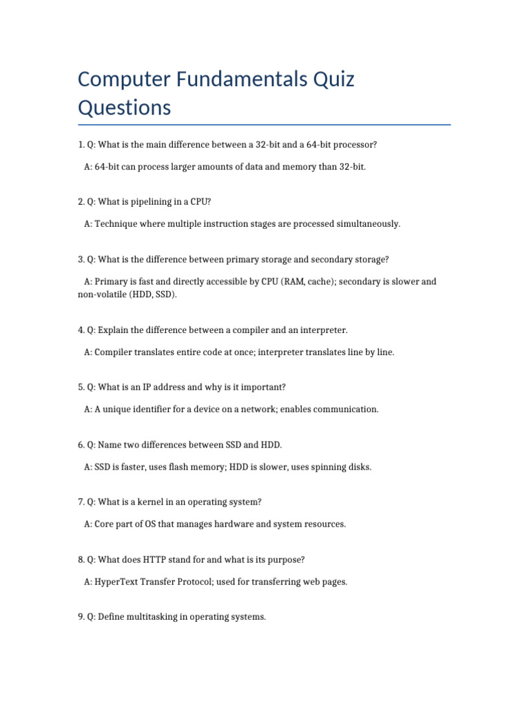 Computer Fundamentals Quiz Questions | PDF