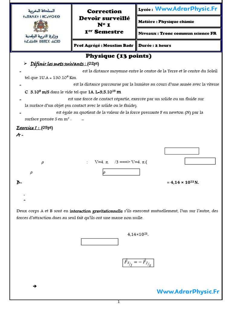 Devoir de Physique-Chimie: Examen 1er Semestre | PDF | Solvant | Friction