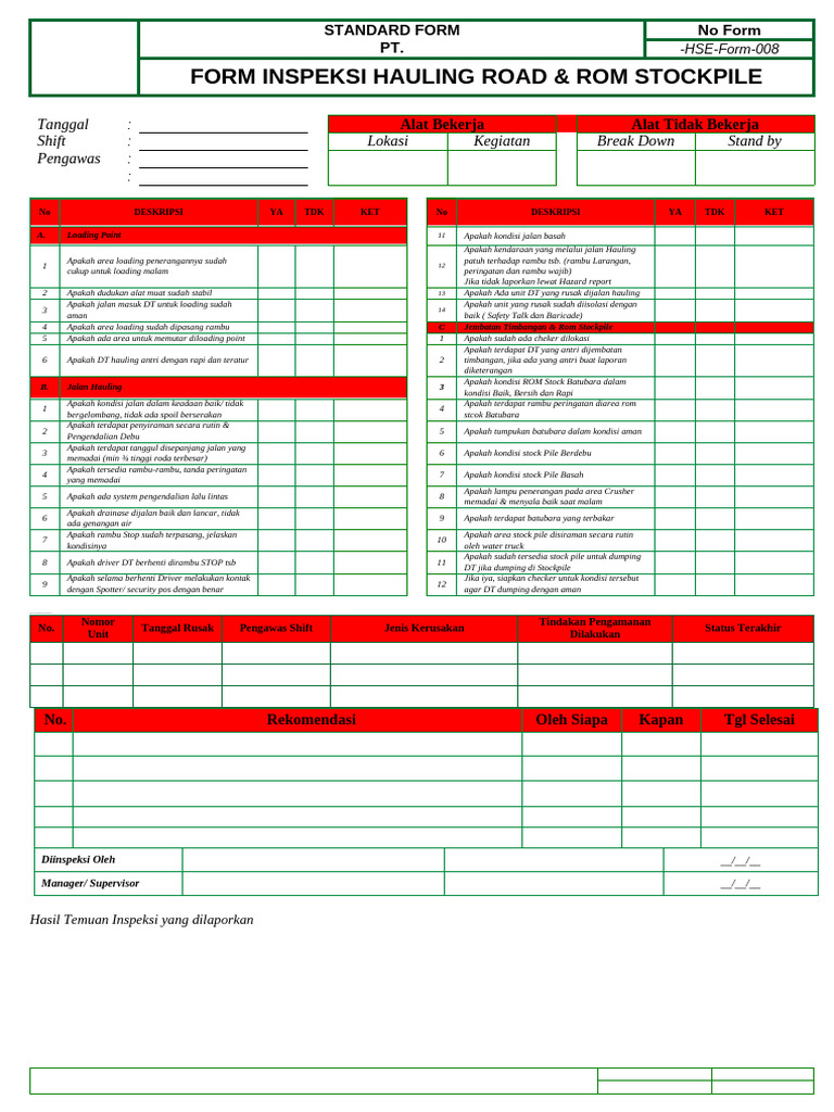 08.Hse-008-Form Inspeksi Hauling Road Dan Stockfile | PDF