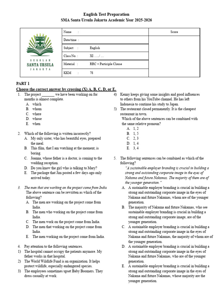 English Test Prep: SMA Santa Ursula 2025-2026 | PDF | Linguistics