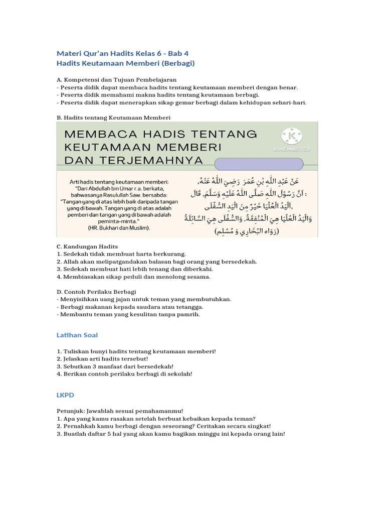 Materi Hadits Keutamaan Memberi Kelas6 | PDF