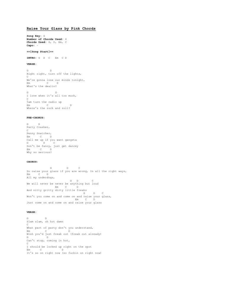 Raise Your Glass by Pink Chords Song Structure Guitars
