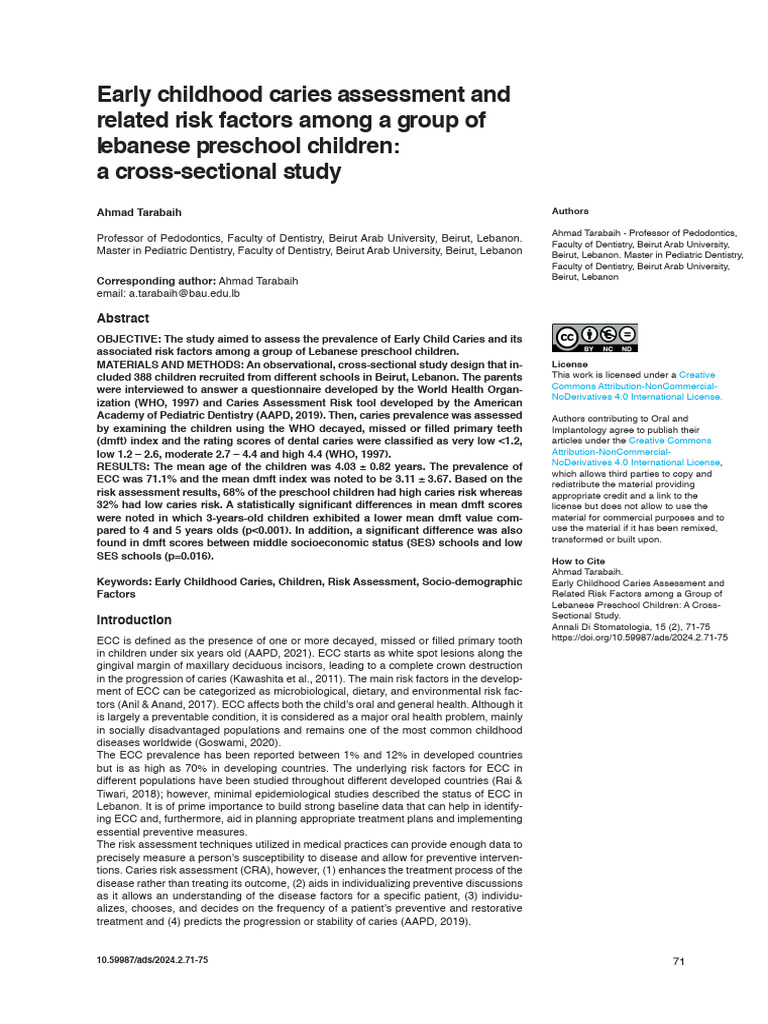 Early Childhood Caries Assessment and Related Risk Factors Among A ...