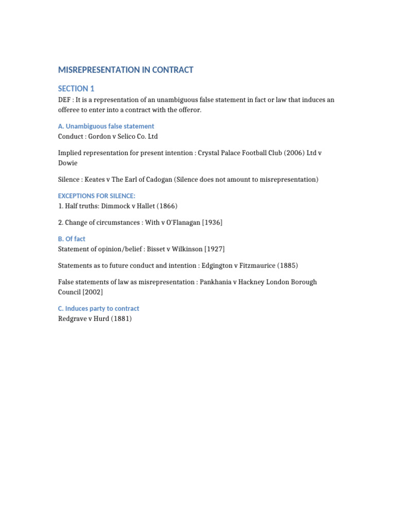 Understanding Misrepresentation in Contracts | PDF
