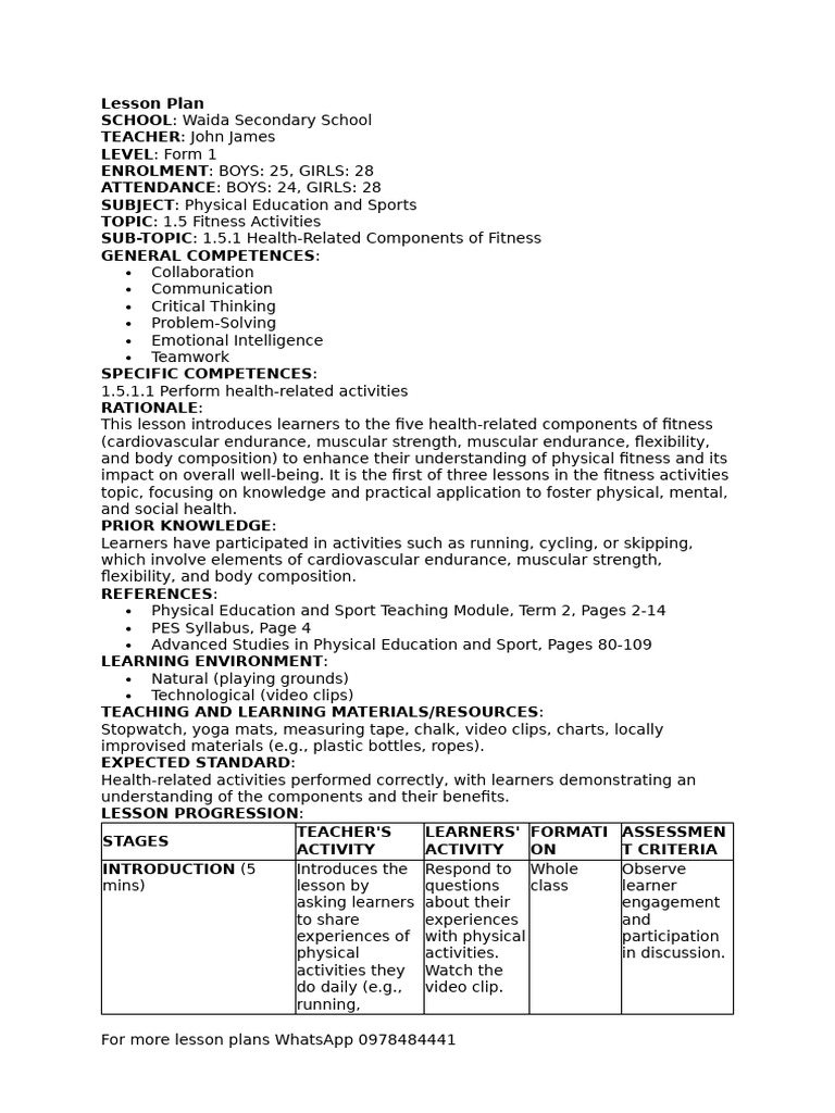 Fitness Activities Lesson Plan | PDF | Educational Assessment ...