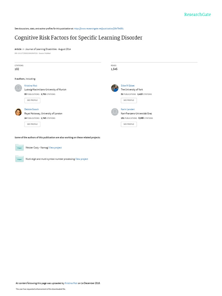 Cognitive Risk Factores For Specific Leranin Disorders 2014 | PDF ...
