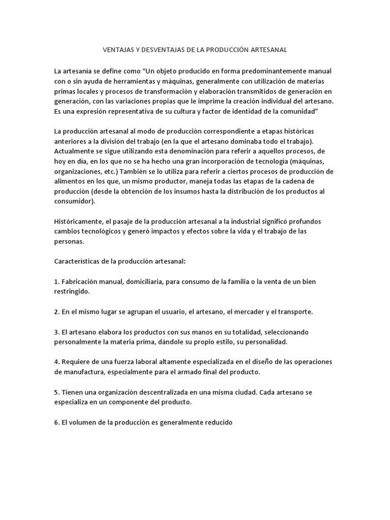 VENTAJAS Y DESVENTAJAS DE LA PRODUCCIÓN ARTESANAL