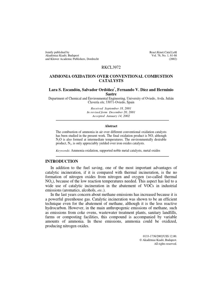 Ammonia Oxidation Over Conventional Combustion Catalysts Lara S ...