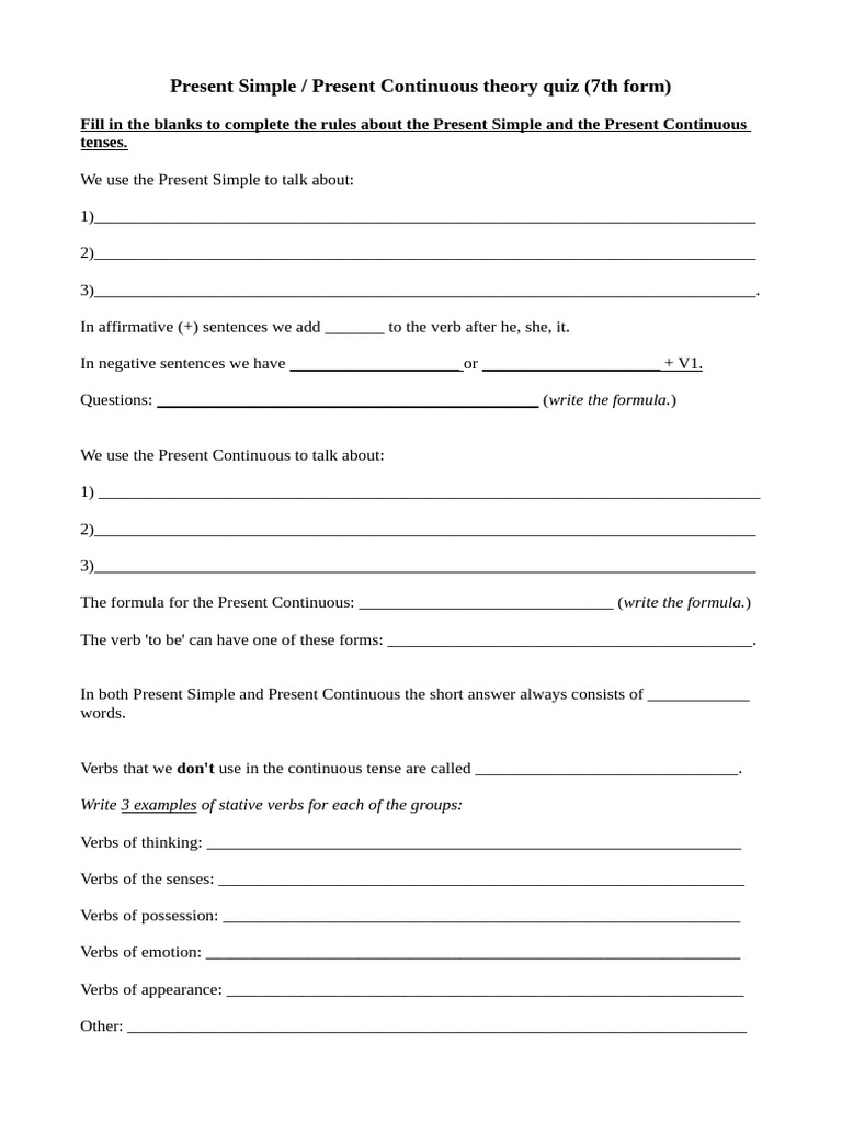 Present Simple: Continuous Theory Quiz | PDF