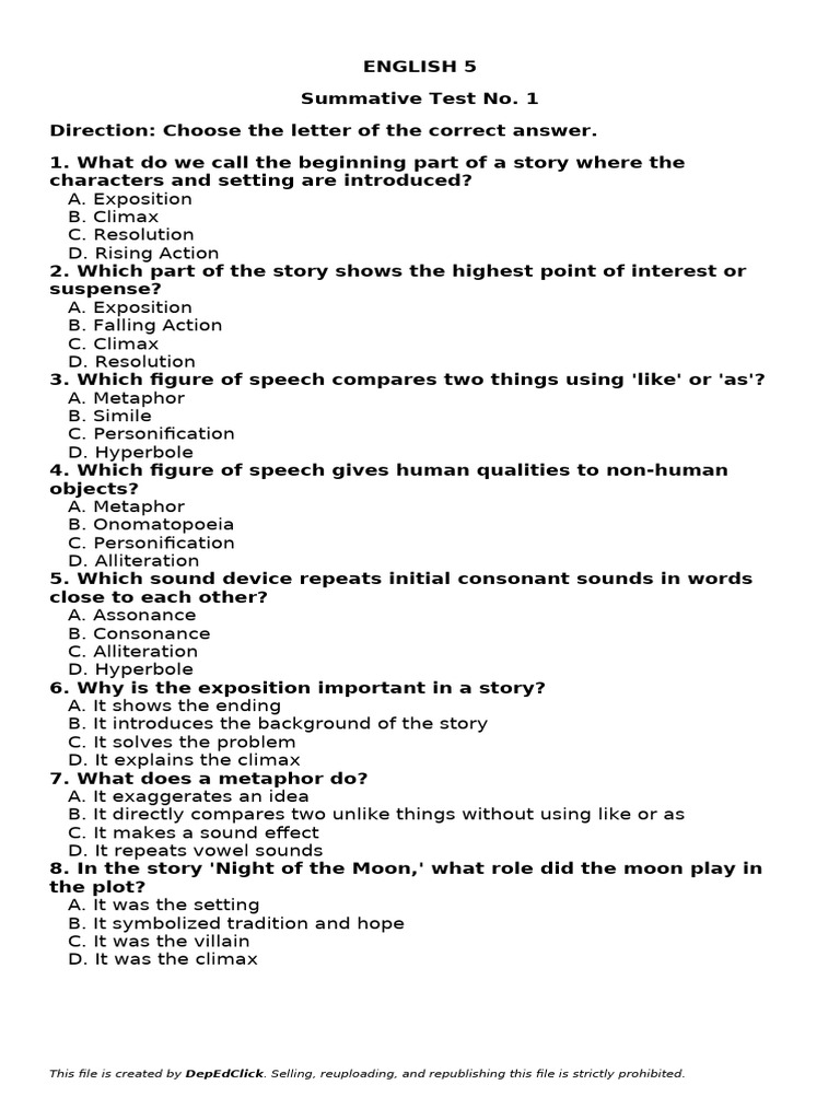 ENGLISH 5 - Summative - Test - Q2 - W1-W2 | PDF | Metaphor | Linguistics