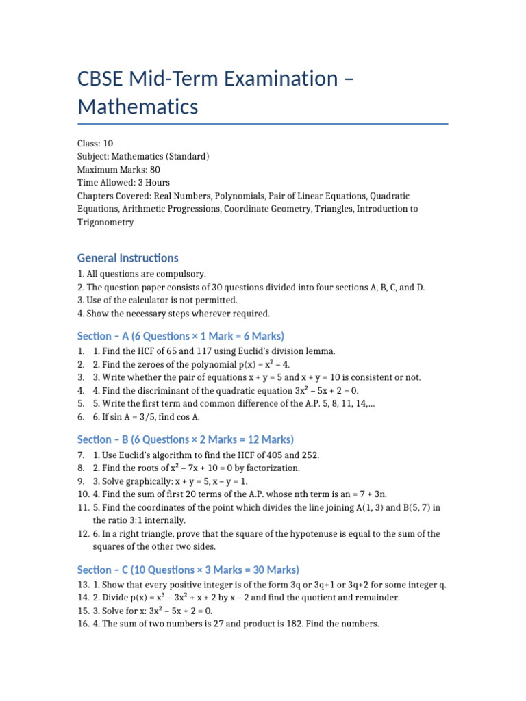 CBSE Class 10 Math Mid-Term Exam Guide | PDF | Equations | Quadratic ...