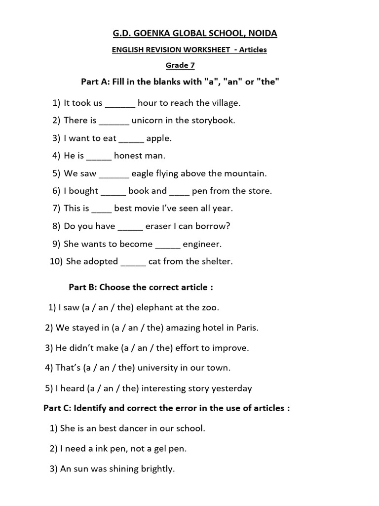 Grade 7 Articles Worksheet | PDF