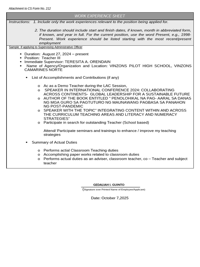 Work Experience Sheet for Educators | PDF